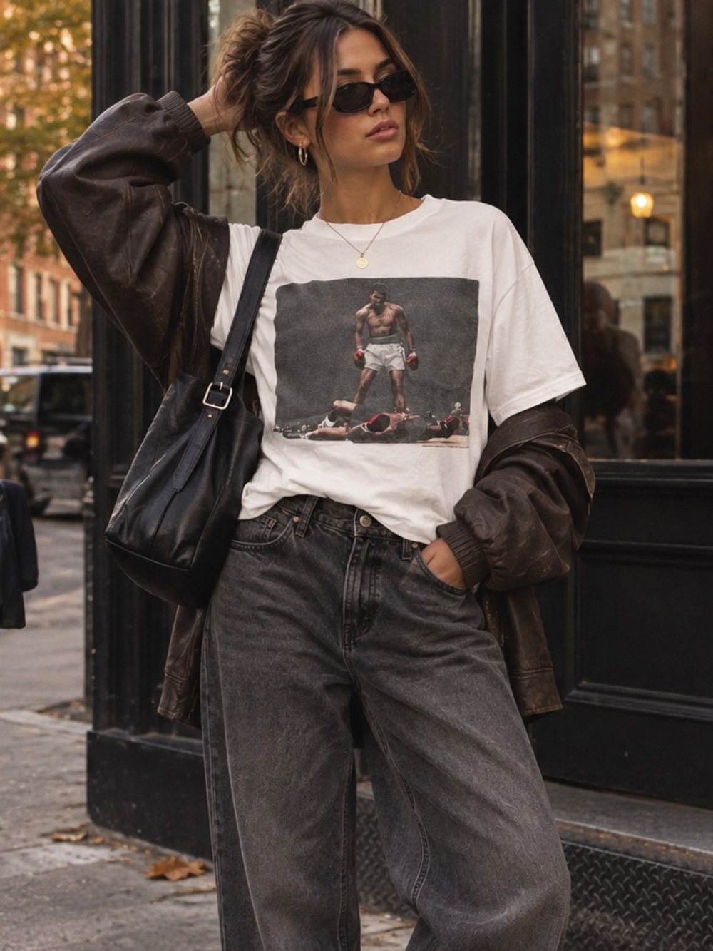 White Graphic Tee with Boxing Print